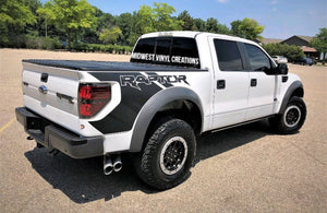 Ford F-150 Raptor truck bed quarter decal set metallic silver in color.