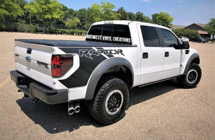 Ford F-150 Raptor truck bed quarter decal set solid blk matte with gloss blk 2 color combo.