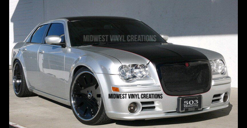 Chrysler 300 custom hood fat boy decal extra wide gloss blk stripe with red accent stripe.