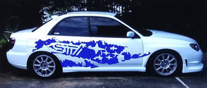 Subaru wrx sti all wheel drive side body sti splash decal kit. All years amd models many colors available.