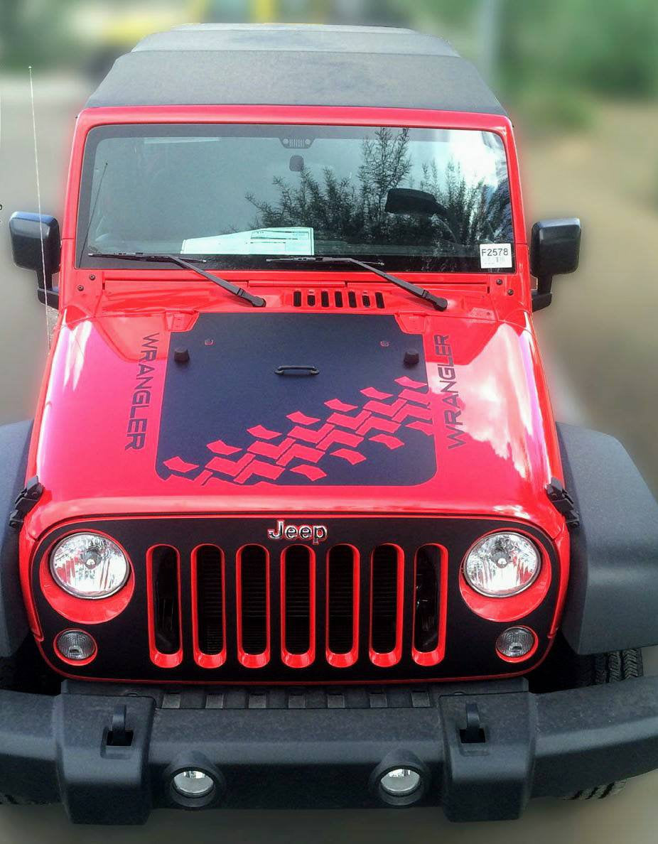 Jeep wrangler tire tread hood decal blackout kit many colors available.