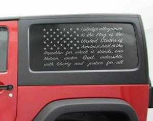 Jeep side window flag decal kit. Available for all years and in many colors.