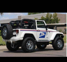 Load image into Gallery viewer, Jeep 2 door postal kit lft rt side red/ blue stripe set and 2 door postal bird logo and also large hood blkout blue bird logo to match sides